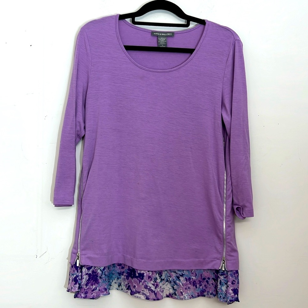 🌞 Kate & Mallory purple tunic top floral bottom ruffle zipperr sides flare M